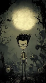 Gaunt boy confronts grotesque creatures beneath oversized moon