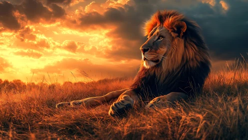 Lion rests in blazing savanna sunset light, regal profile.