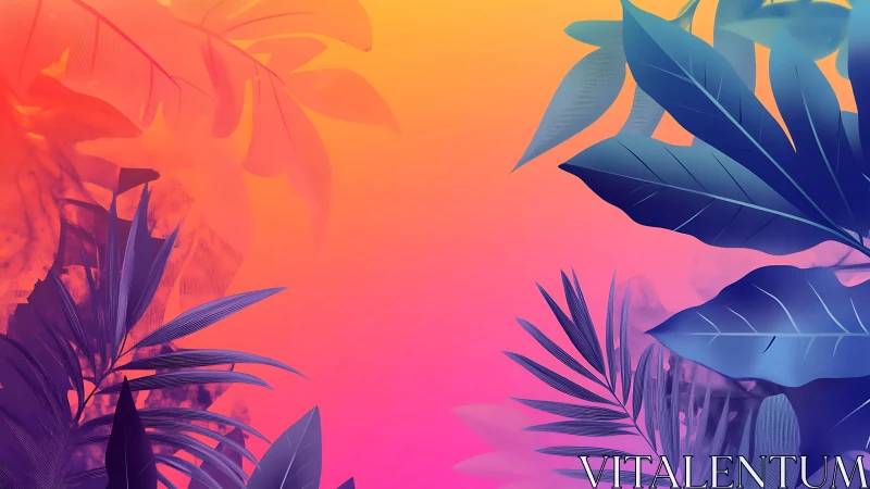Tropical foliage silhouettes on vibrant magenta orange gradient