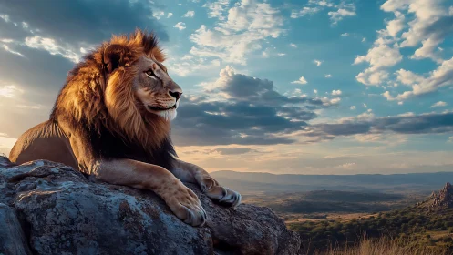 Majestic lion surveys vast savanna beneath glowing sky.