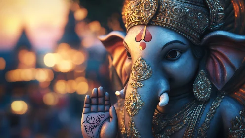 Ornate Ganesha idol rendered in warm cinematic bokeh lighting