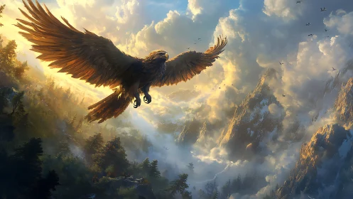 Golden eagle soaring above sunlit alpine valley in mist