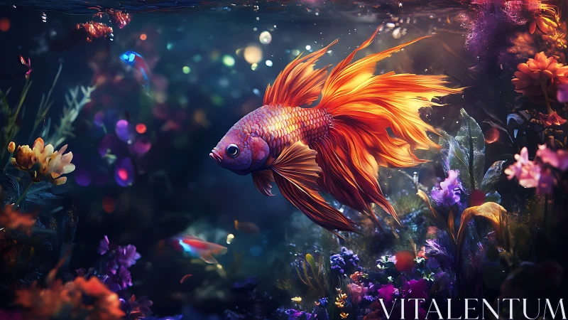 Radiant betta fish glides through luminous floral reef.