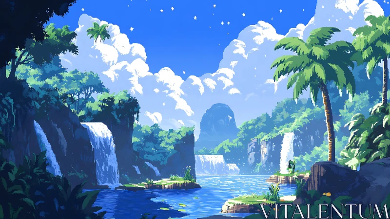 Tropical Canyon Landscape with Cascading Waterfalls.