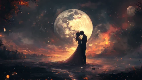 Silhouetted Romance Dwarfed by Cosmic Burning Moon