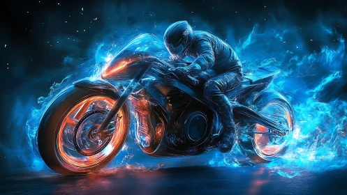 Neon rider on blazing cyber bike in electric blue flame.