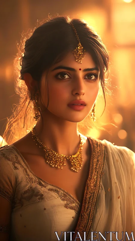 Indian woman in traditional attire in warm golden light.