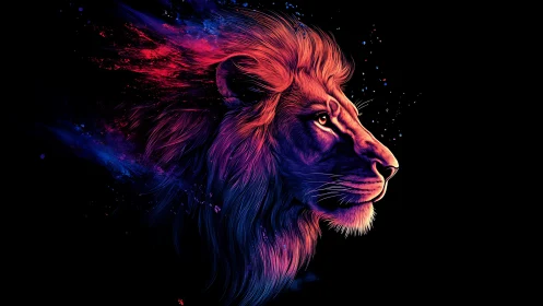 Neon lion profile bursts through cosmic dark background.