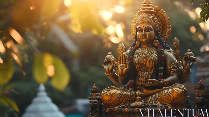 Golden Hindu goddess statue glows in warm temple sunlight