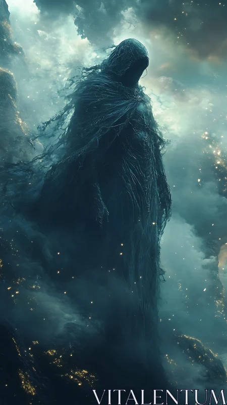 Shrouded astral wraith ascending through stormlit nebula.