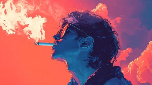 Profile portrait with neon gradient lighting and stylized smoke plume