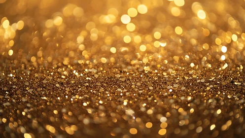 Macro view of shimmering golden glitter with soft bokeh.