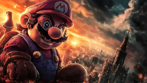 Heroic plumber stands defiant above a burning cityscape