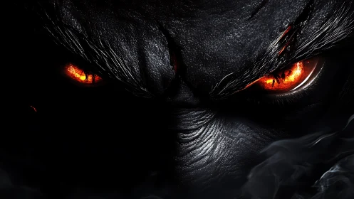 Demonic eyes burn through darkness with molten inferno gaze.