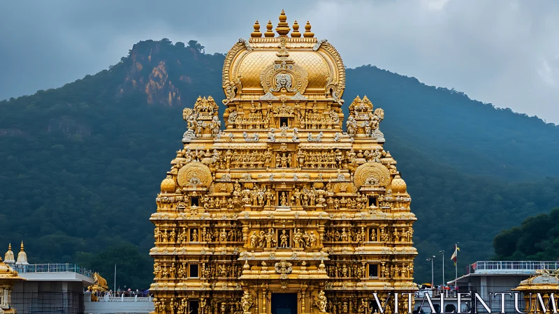 Gilded Dravidian temple gopuram with dense sculptural reliefs against hills