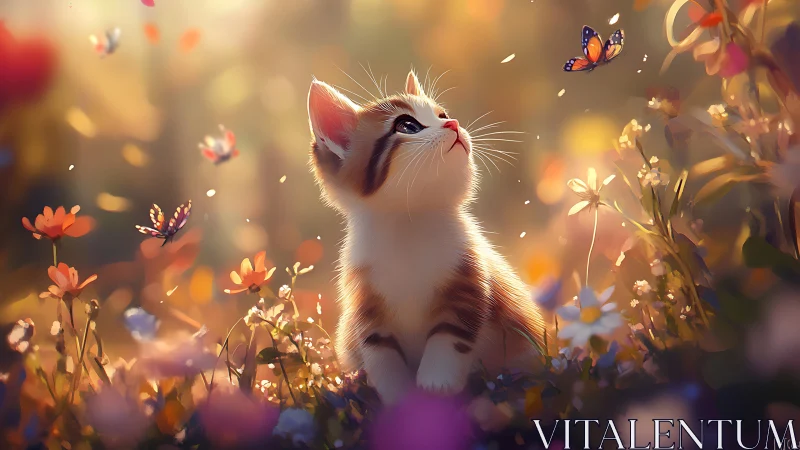 White Kitten Gazing at Butterflies in Warm Floral Garden.