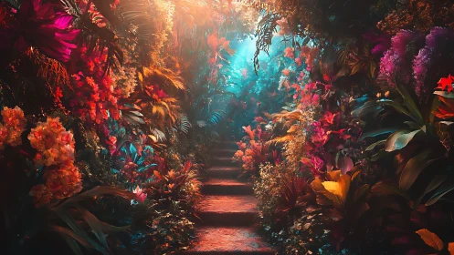 Illuminated Floral Corridor with Warm and Cool Atmospheric Lighting