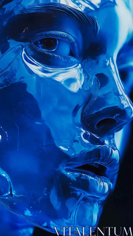 Blue chrome humanoid face in extreme closeup profile view.
