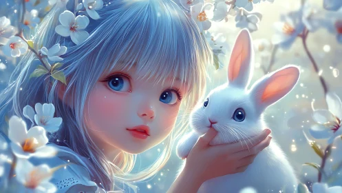 Springlit girl and rabbit amid luminous blossom haze.