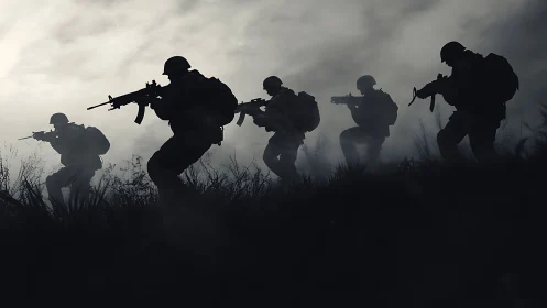 Silhouetted soldiers carve a tense march through fogged dusk
