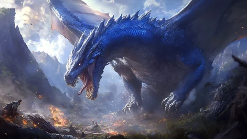 Massive blue dragon confronts lone figure in burning valley