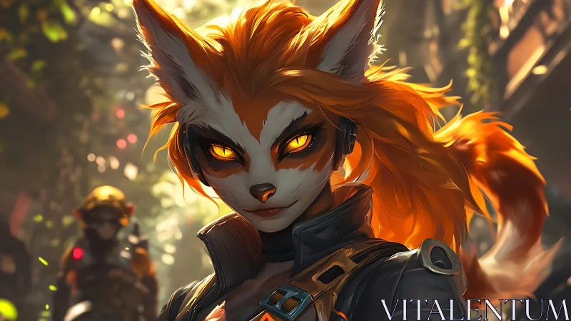 Foxlike humanoid warrior stares forward in glowing alley