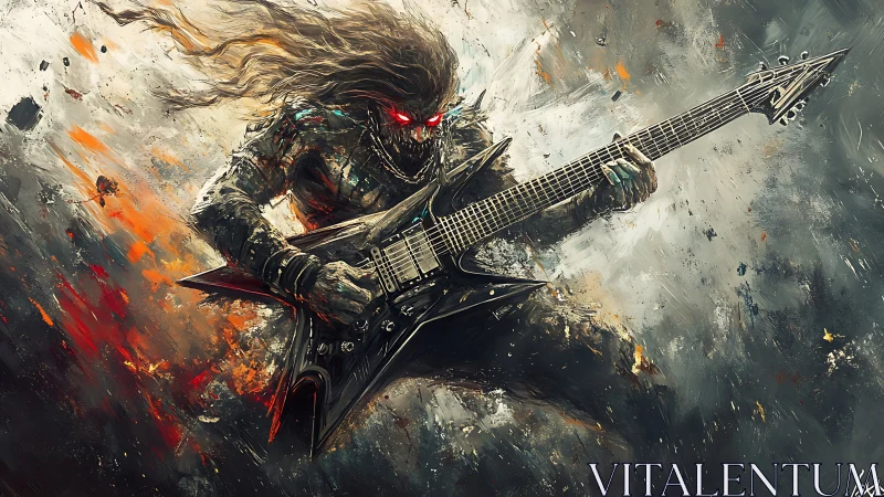 Digital painting of demonic metal guitarist in explosive motion.