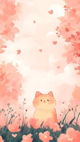 Whimsical Cat Dreams Among Floating Hearts and Blooms