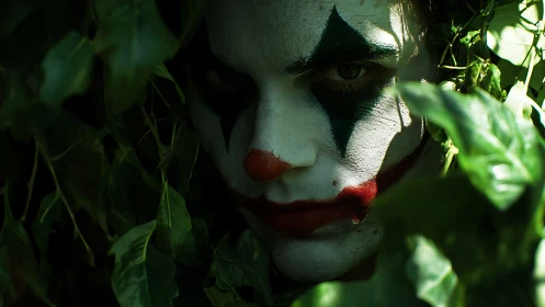 Clown face with intense makeup hidden in dark green leaves.