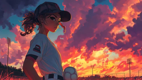 Girl baseball player stands on field under vivid sunset sky