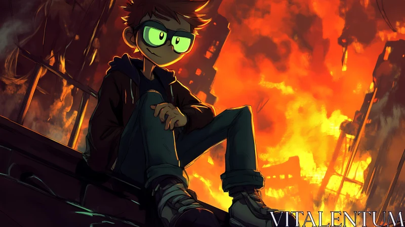 Cool teen calmly watches blazing city in neon glow.