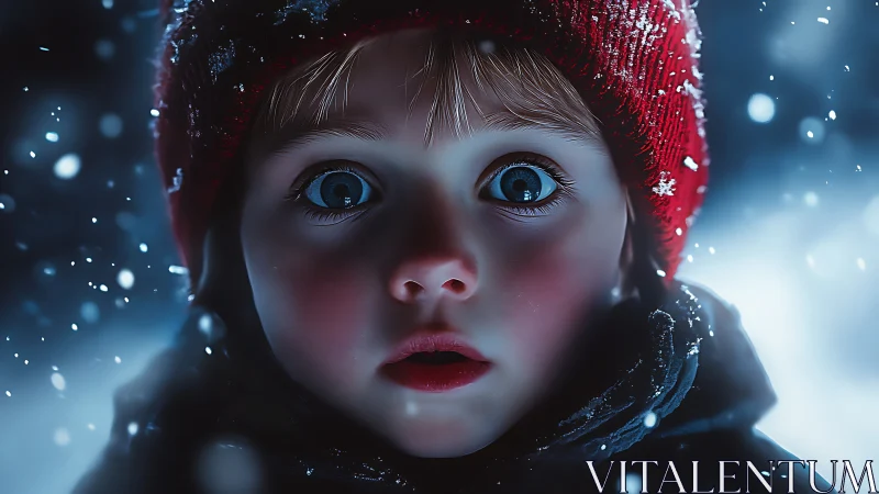 Child's Penetrating Gaze in Luminous Winter Snowfall Scene
