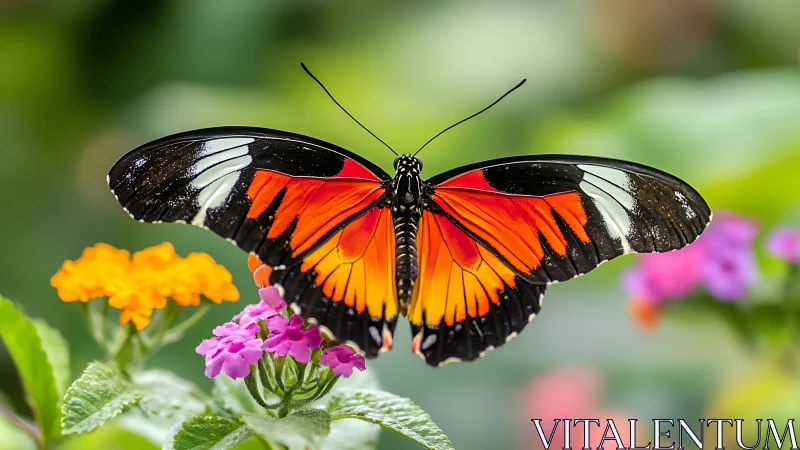 Bright butterfly resting gently among summer garden blooms.