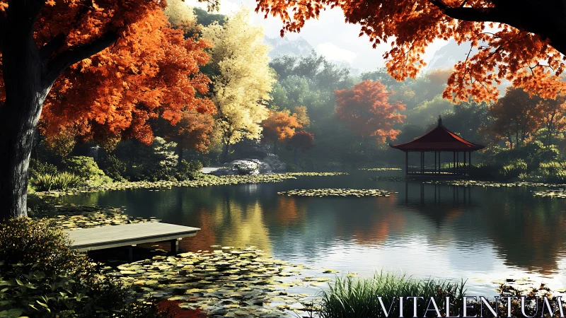 Lakeside pavilion framed by dense autumn foliage and lilies.