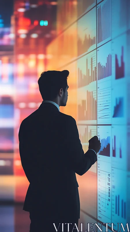 Corporate analyst studying illuminated data wall display.