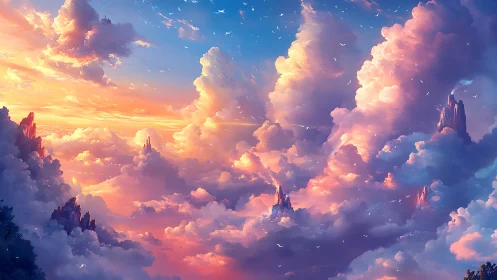 Layered celestial cloudscape with luminous sunset volumetrics