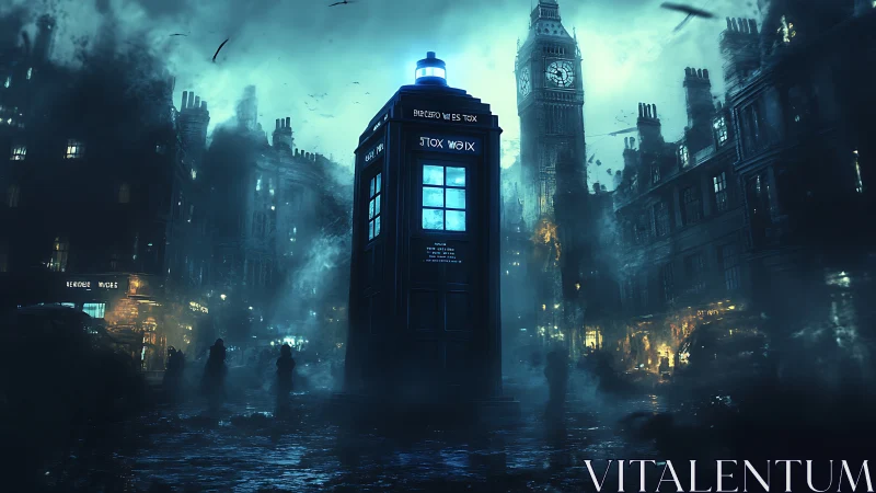 Blue police call box in dystopian foggy London street at night