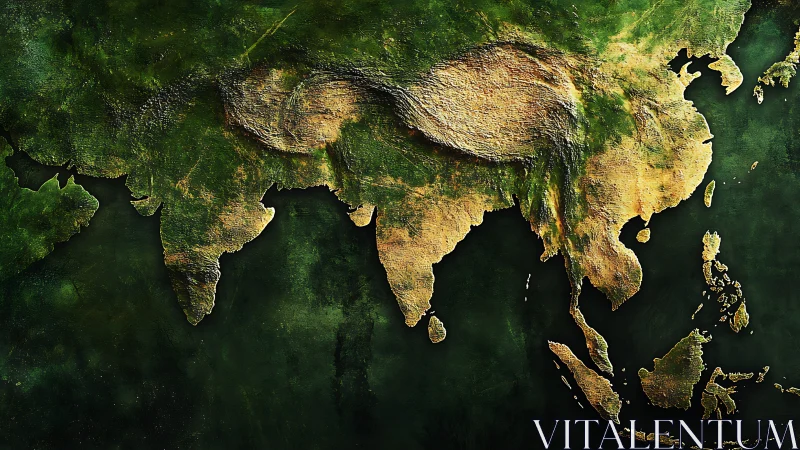 Textured relief map of Asia with exaggerated topographic contours rendered