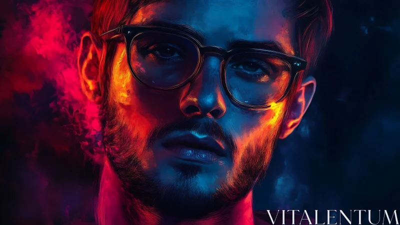 Neon-lit thinker bathed in electric cyan and ember glow.