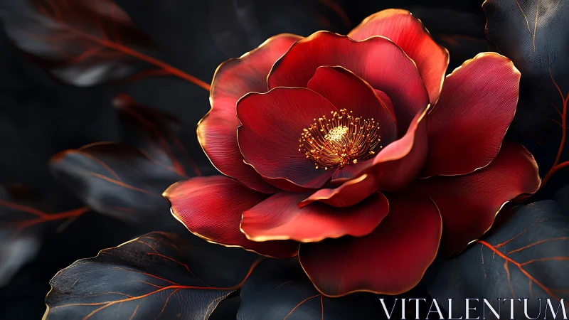 Velvet ember blossom unfolding over midnight leaves.