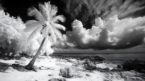 Infrared Beach Paradise with Palm Tree Against Dramatic Sky.