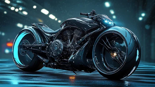 Futuristic black motorcycle with illuminated wheels at night.
