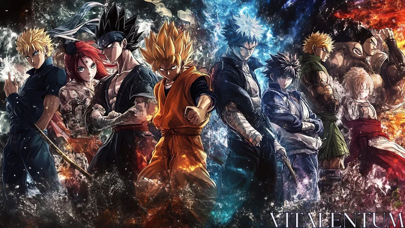 High-intensity anime fighters with elemental energy vortices.