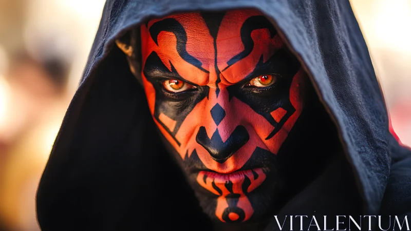 Hooded red-mask villain stares with blazing, unblinking eyes.