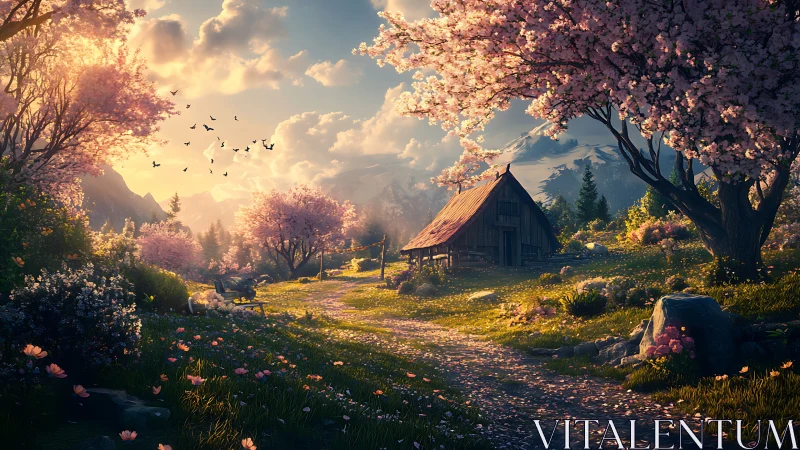 Digital painting of alpine cottage amid spring blossom canopy.