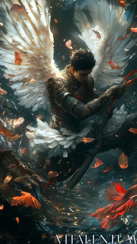 Winged warrior descends through swirling autumn light.