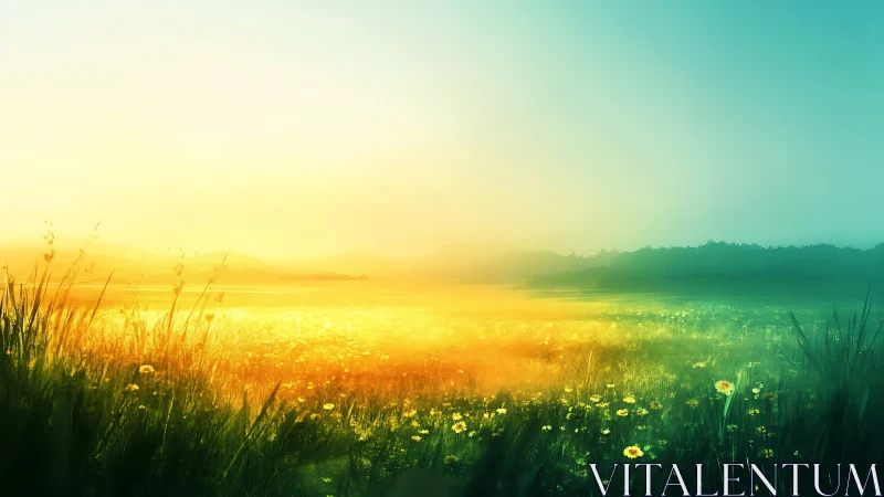 Golden sunrise gently warms a peaceful wildflower meadow