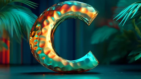 Metallic Letter C with Iridescent Finish in Tropical Setting.