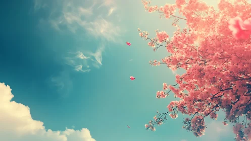 Cherry blossom branches against bright sky with clouds.