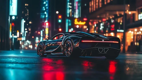 Hypercar rear profile in neon-soaked nocturnal streetscape.